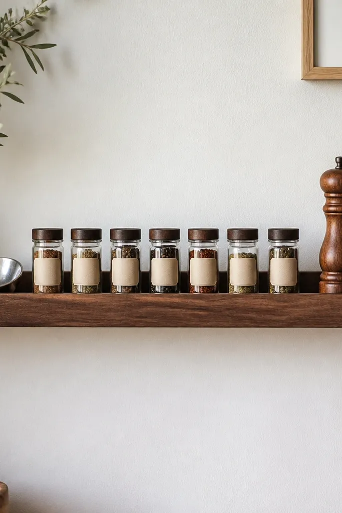 Floating shelves with a shallow tray lip for jars and spices