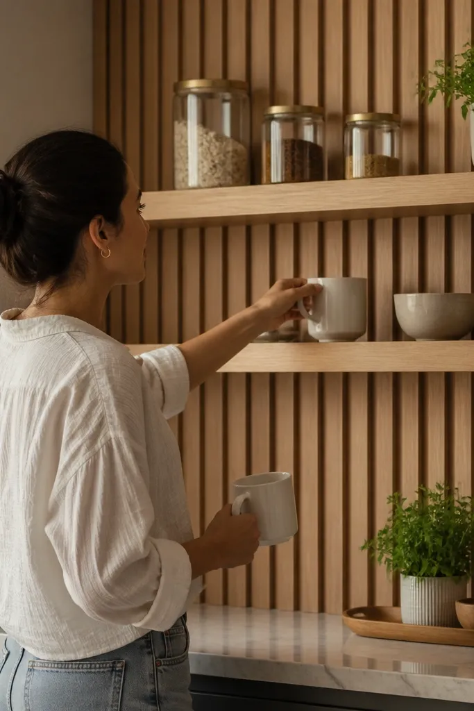 Floating shelves with a thin vertical slat back behind them