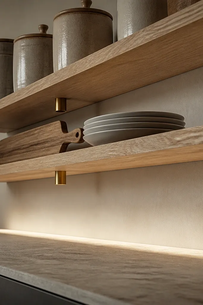White oak shelves with small brass standoffs creating a subtle floating gap