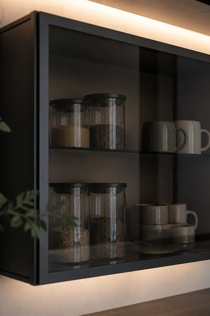 Floating shelves with a smoked glass insert panel above a kitchen counter