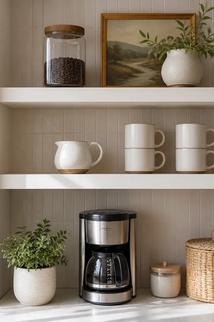 Off-white floating shelves with a subtle beveled edge against a kitchen wall