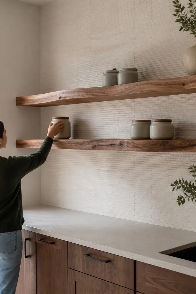 Live-edge walnut floating shelves with natural edges and hidden wall supports