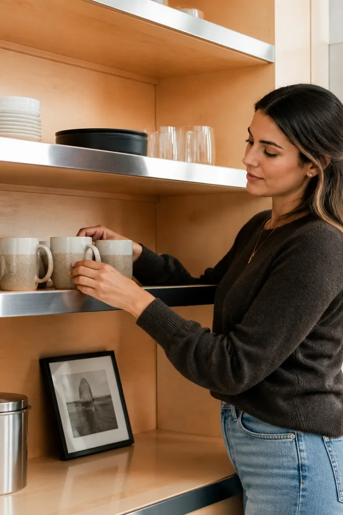 Maple floating shelves with slim stainless trim along the front edge