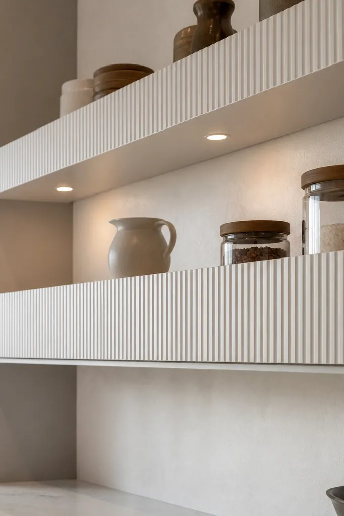 White ribbed shelves mounted with a subtle shadow gap from the wall