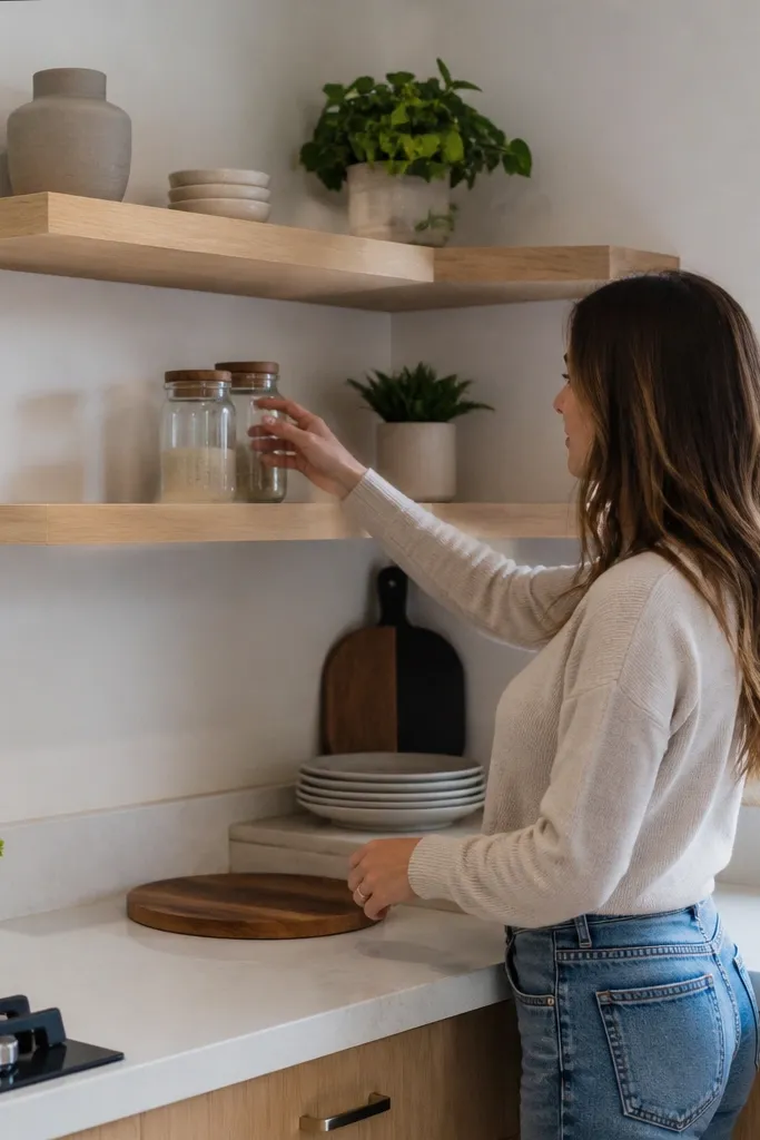 Two floating shelves meeting in a corner with clean 45-degree edges