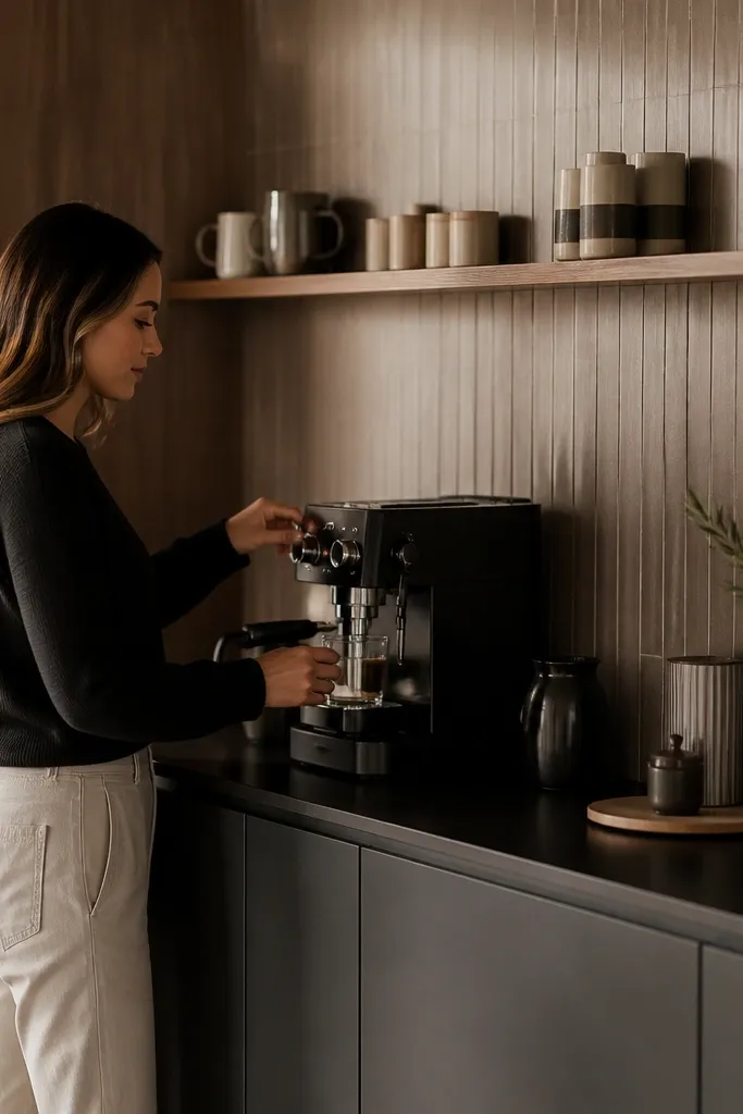 Two long narrow floating shelves above a coffee bar area