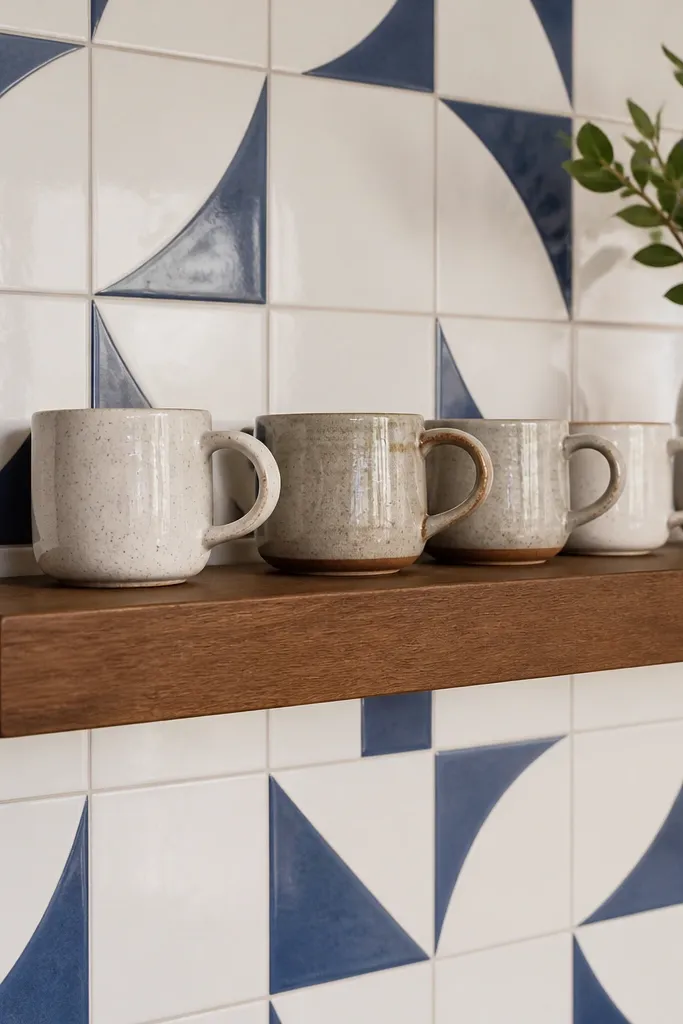Wood floating shelf mounted over a kitchen backsplash with a neat tile-backed section