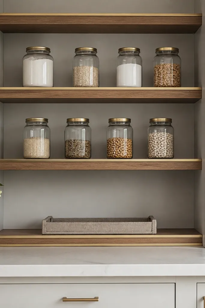 Oak floating shelves with thin brass banding along the front edge