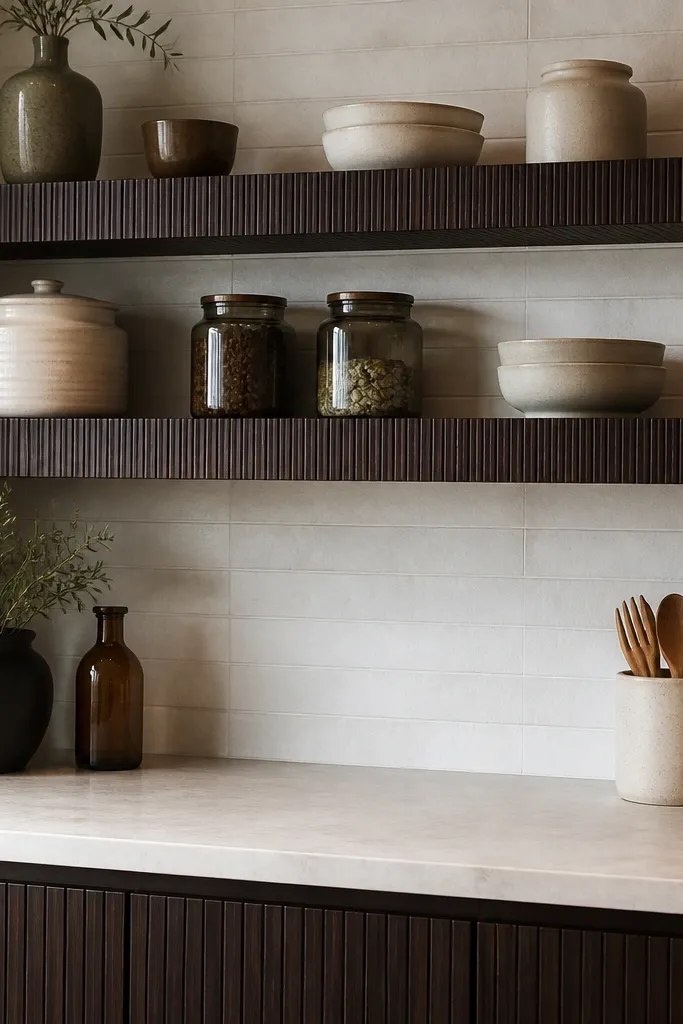 Smoked oak shelves with subtle vertical grooves for texture