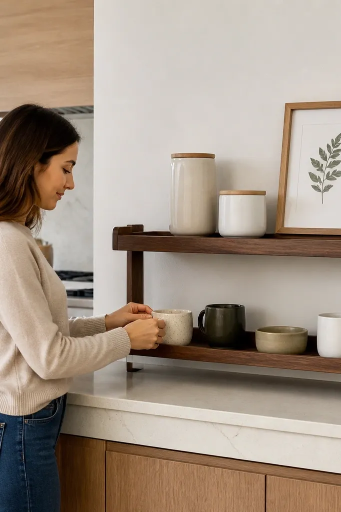 Two-layer floating shelf with a lower tray and upper display ledge