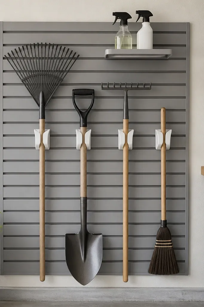 A gray slatwall panel mounted to a garage wall. Matte white tool clips hold rakes, a hand shovel, and a small broom. Each tool handle is spaced evenly, hanging with consistent gaps. A small shelf at the top holds a couple of labeled spray bottles.