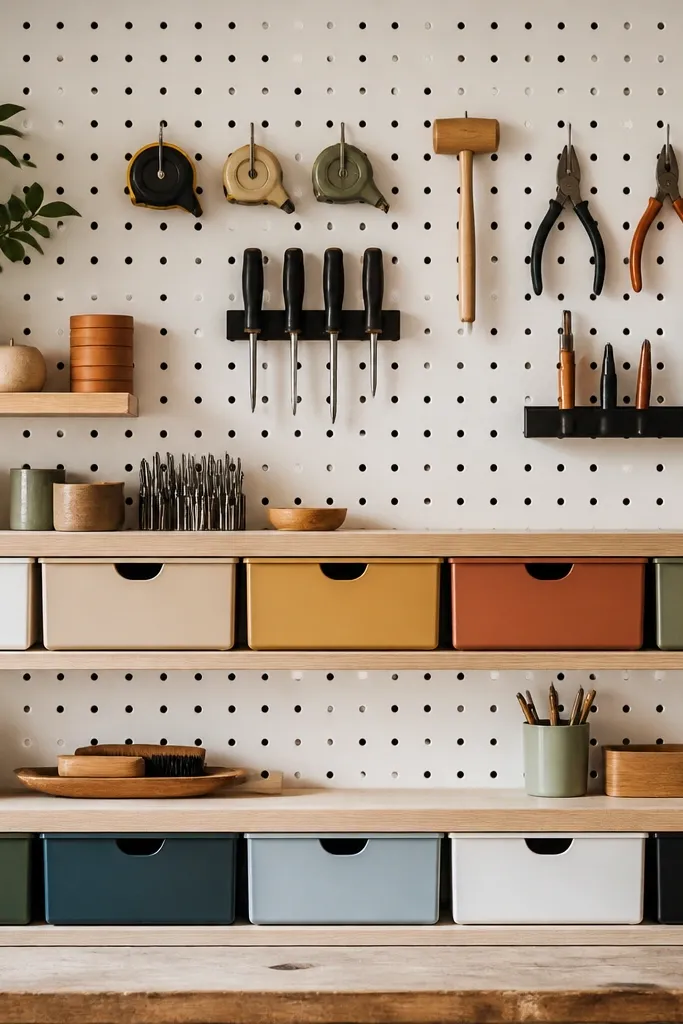 A white pegboard wall with two rows of shallow wooden ledges. Under the ledges are small lidded drawers in matching colors. Hardware like tape measures and pliers hang in pegboard holders. Labels are on the drawer fronts in black text.