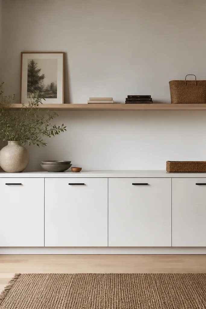 A run of low, white base cabinets with matte black pulls. The cabinets sit on the floor with clean toe-kick lines. Above them, a simple shelf holds a few stacked items. The floor stays clear with no bins directly on the ground.