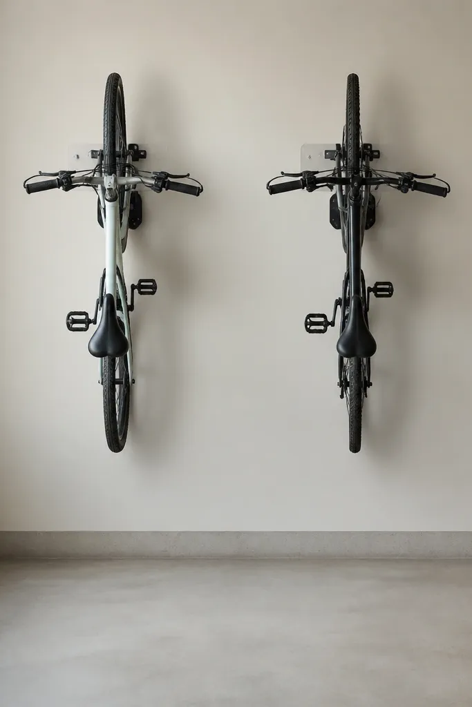 A garage wall with two bikes hanging upright on matte black hooks. Each bike has a small clear plastic guard around the handlebar area. The bikes are spaced evenly with identical hook placement. The floor under the bikes is empty and clean.