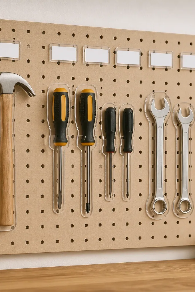 A section of pegboard with transparent acrylic tool outlines. Tools sit in exact cutouts, and small label tabs sit at the top edges. The arrangement shows a hammer, screwdrivers, and a wrench set lined up with consistent spacing.