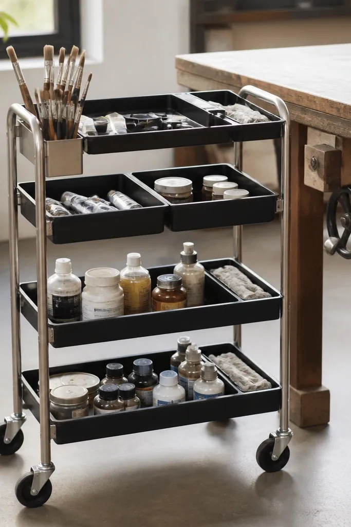 A small stainless and black rolling cart with four wheels. Each shelf has labeled bins and one slim tray for rags. Paintbrushes stand in a holder on the top level. The cart sits next to the workbench and keeps everything off the counters.