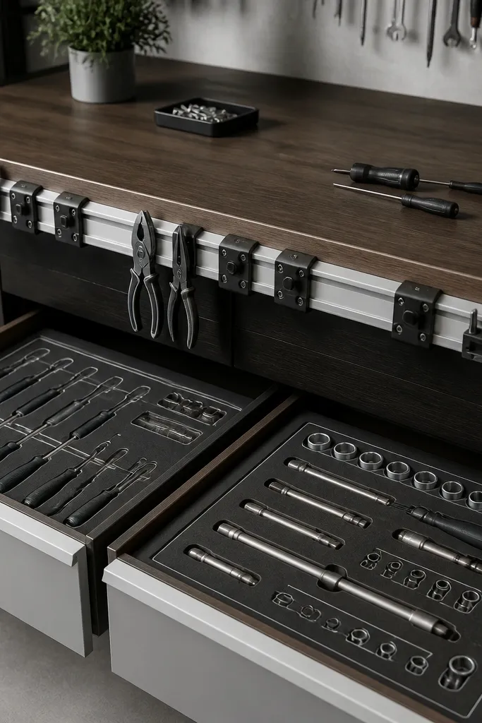 A workbench with a dark wood or laminate top. On the front edge sits a two-color tool rail: matte black brackets with light gray rails. Inside drawers are labeled foam inserts with outlines for screwdrivers and sockets. All labels match and sit in the same spot.