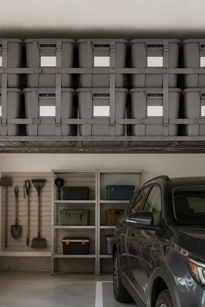 A ceiling rack with two rows of bins. The bins are tied down with matching gray webbing straps. The straps form a clean grid pattern. The bins are labeled with white stickers and sit above the car parking line.