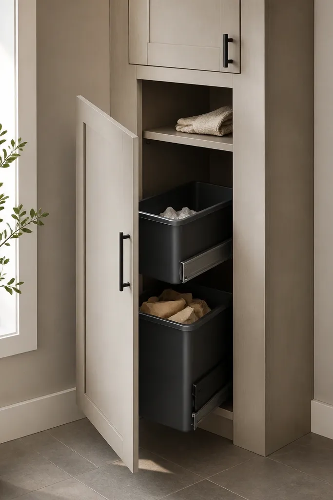 A corner wall with a tall cabinet door. Inside, two pull-out bins sit on rails, one for recycling and one for trash. The cabinet has matte black hardware and a small open shelf above for gloves. The floor in the corner is clean.