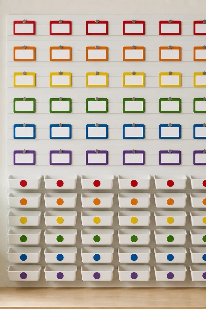 A wall-mounted strip board with small magnetic label holders. Each label holder is a different color, and the corresponding bins have matching color dots on their fronts. The board has a neat grid layout with straight rows and consistent spacing.
