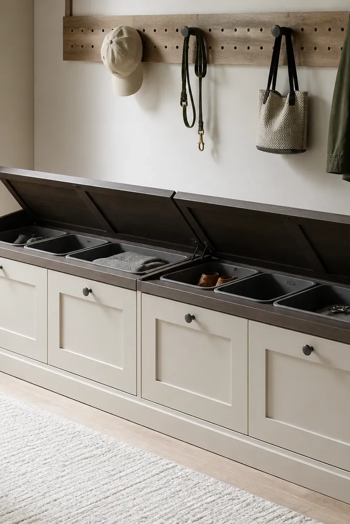 A long storage bench along a wall with a dark top and two flip-top lids. Inside are neatly arranged bins with matching colors. The bench has a clean base line and simple hardware. A small pegboard strip sits above for quick-grab items.