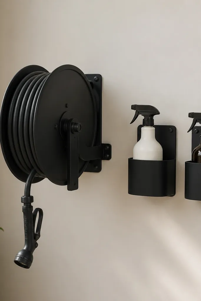 A wall-mounted hose reel in matte black with a neatly coiled hose. Next to it are two matching holders for spray bottles, each with a label. The holders are aligned horizontally. The wall around it is clear and free of hanging cords.