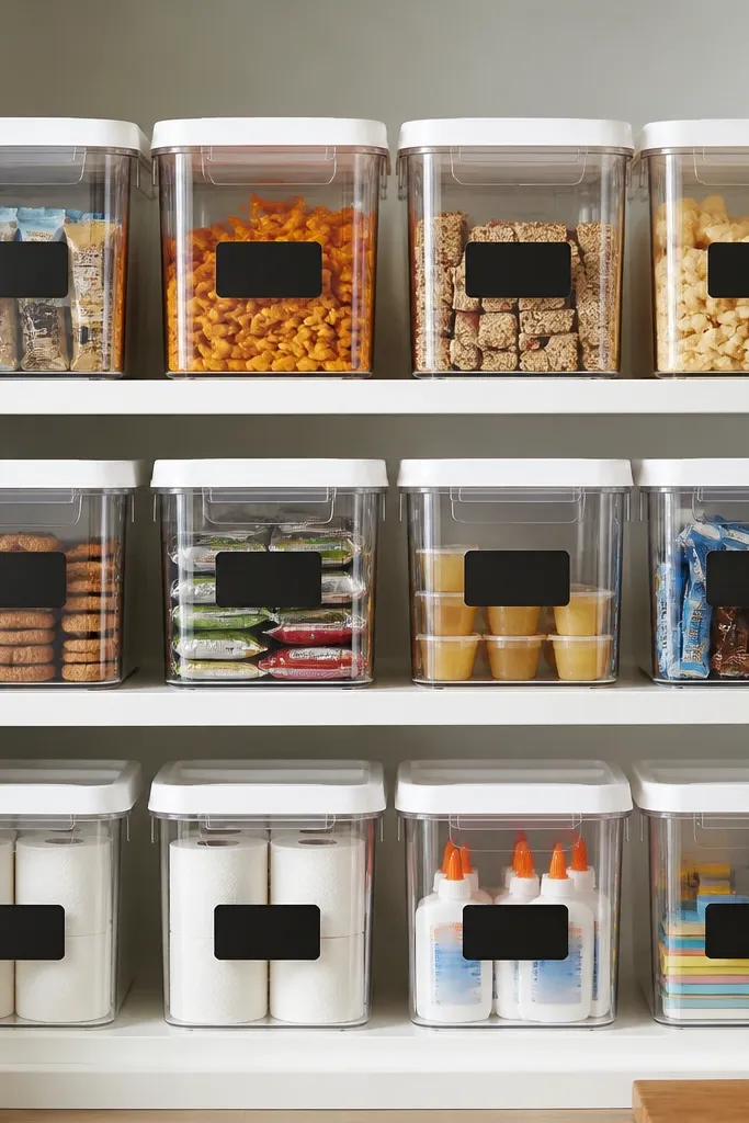 A small wall section with a "pantry" look: clear bins stacked in a grid on a white shelf. Each bin has a white lid and a black label. A few bins hold snacks, paper towels, and school glue. The spacing between bins is even.