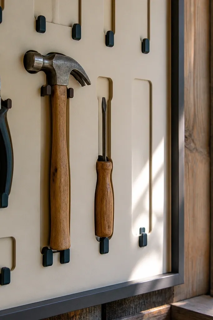 Painted wall board with tool outlines and dark hooks in neat rows
