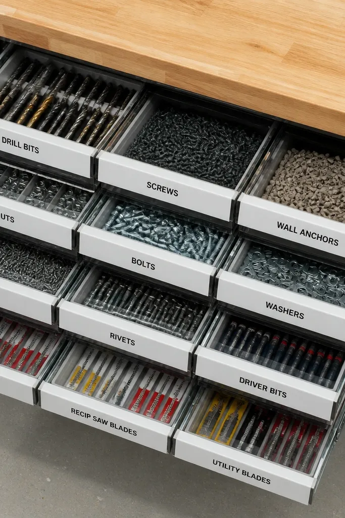 Stacked drawers with clear fronts and labeled bins for small bits and blades