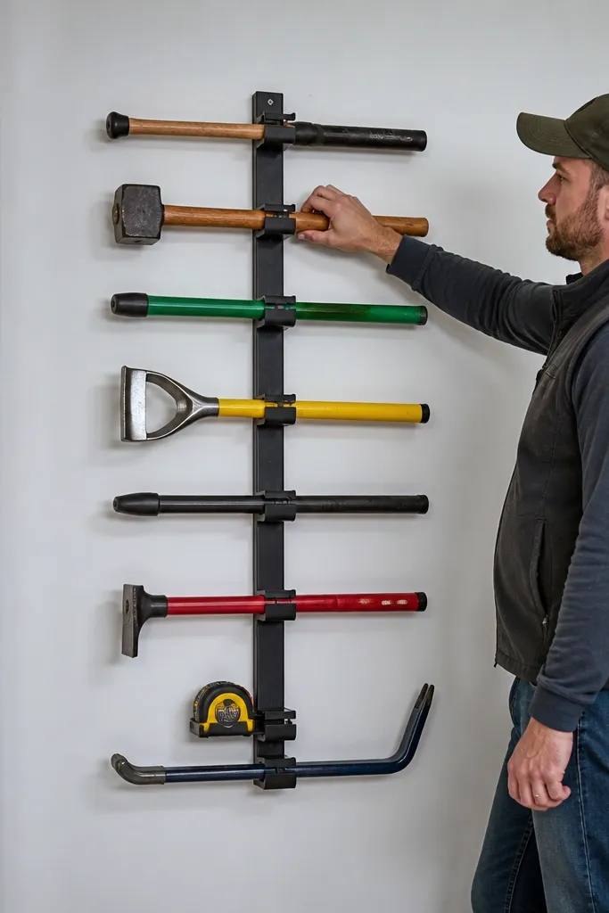Wall-mounted vertical rack holding shovels and rakes with end caps