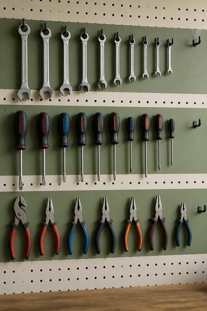 Pegboard with numbered bands and hooks arranged in tidy sections
