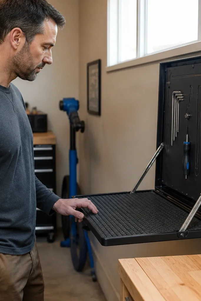 Swing frame holding a tool mat that flips down beside a garage work area