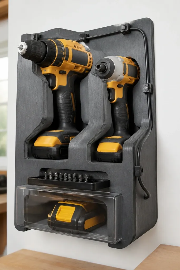 Wall dock for drill and driver with cord clips and a small bit tray