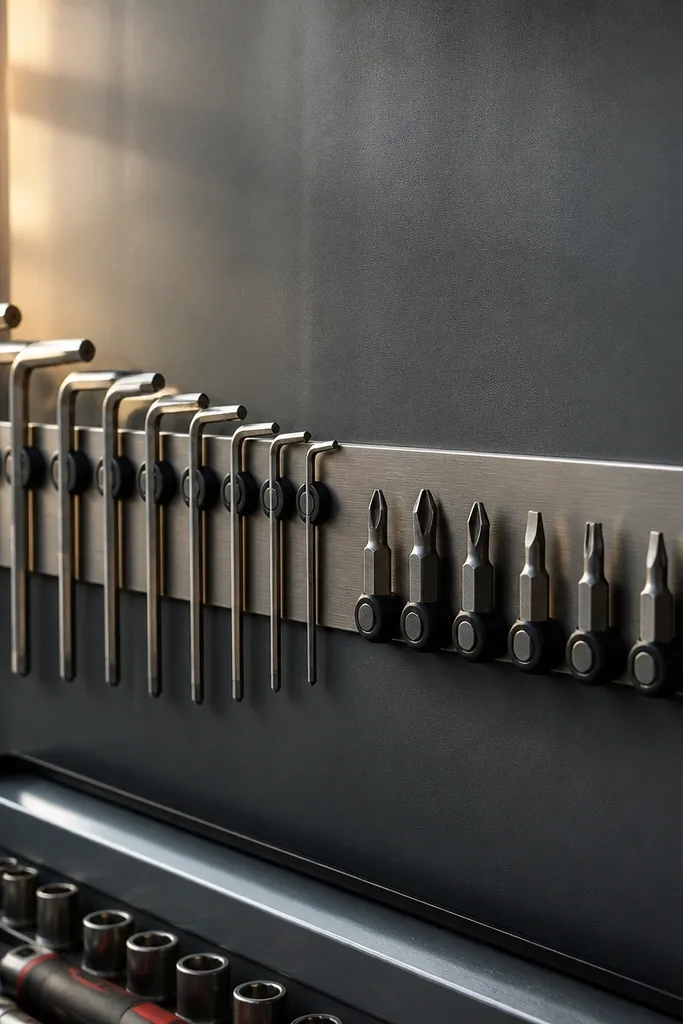 Magnetic strip with neatly lined hex keys and bit holders on a painted board