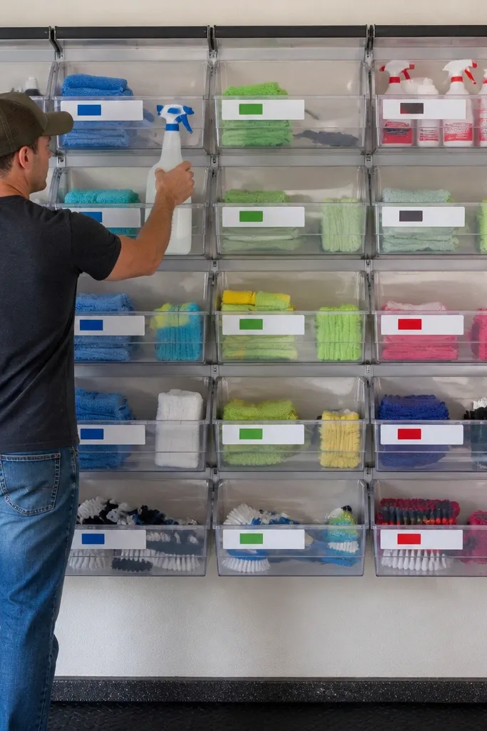 Wall-mounted clear bins with colored labels for rags, brushes, and cleaners