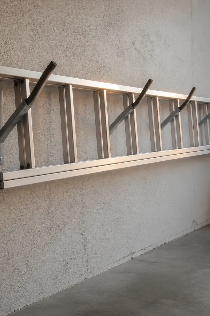 Wall rack holding a ladder with an angled cradle and padded hooks