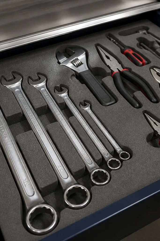 Drawer with custom inserts showing tool silhouettes and clean edges