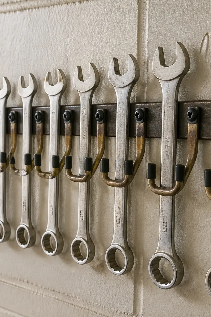 Mounted wrench holders with depth stops and tidy spacing on a painted board