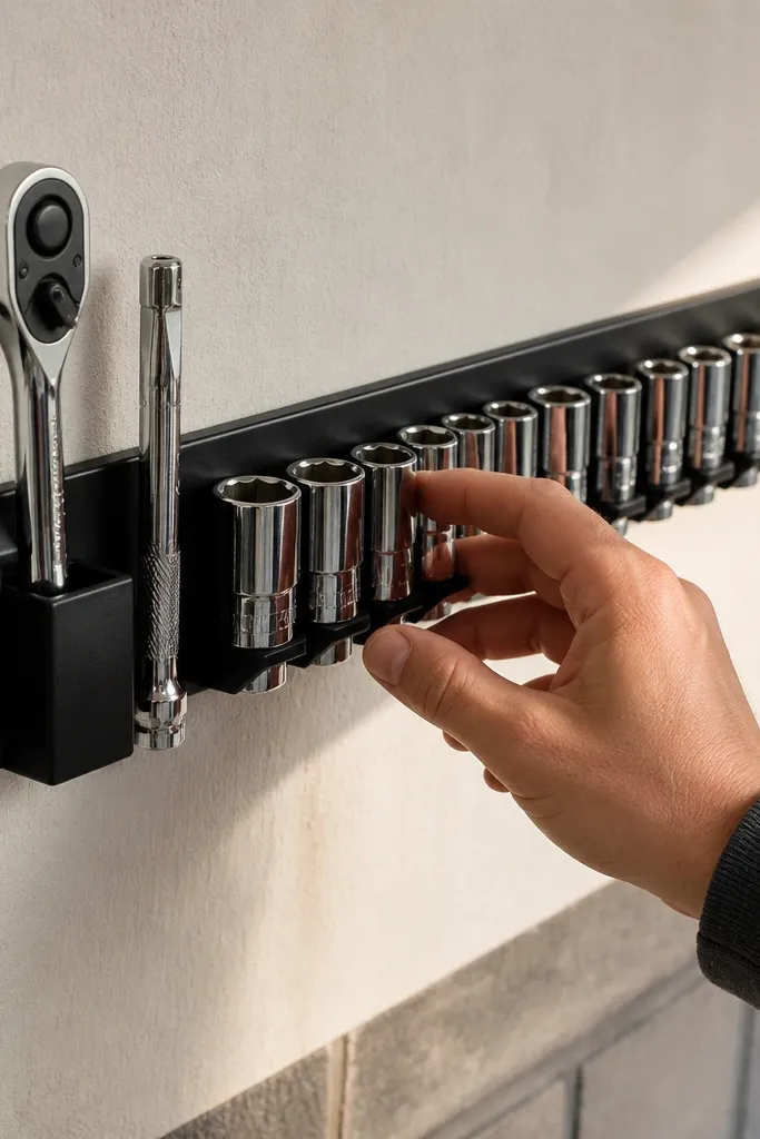 Magnetic sockets and ratchets lined on a rail with size labels