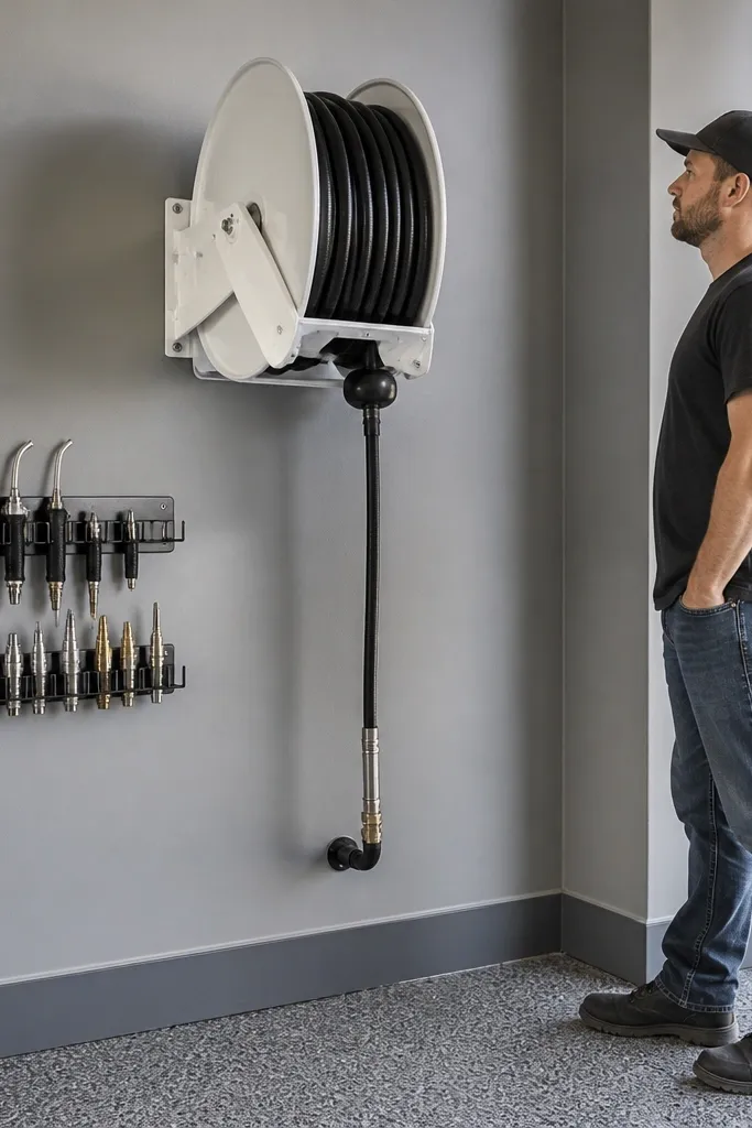 Air hose reel with a neat hook strip for nozzles and small tools