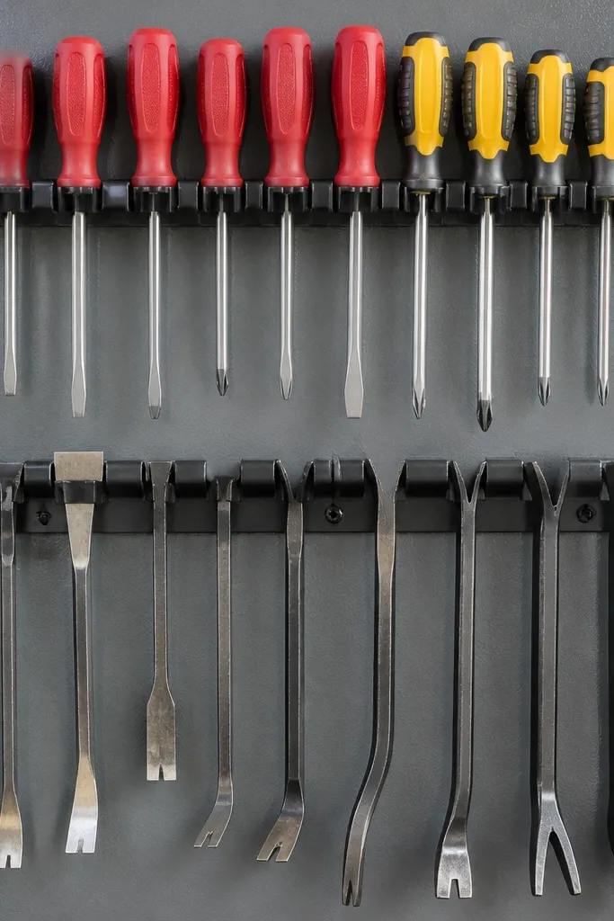 Vertical rack with painted backing and hooks holding screwdrivers and pry tools