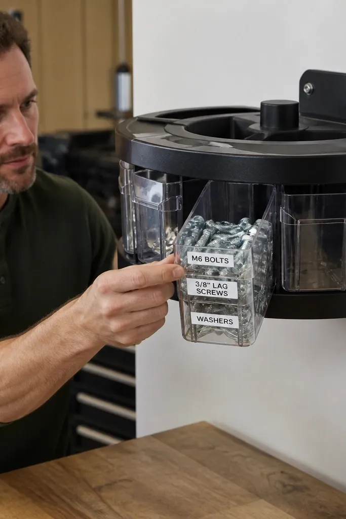 Small rotating carousel on wall with labeled bins for screws and anchors
