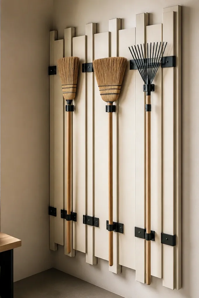 Corner wall rack with slatted frame holding tools in clean vertical rows