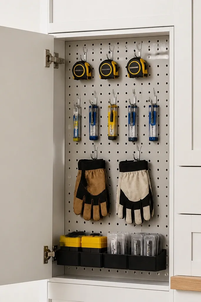 Pegboard with small cabinet doors containing labeled glove and tape holders