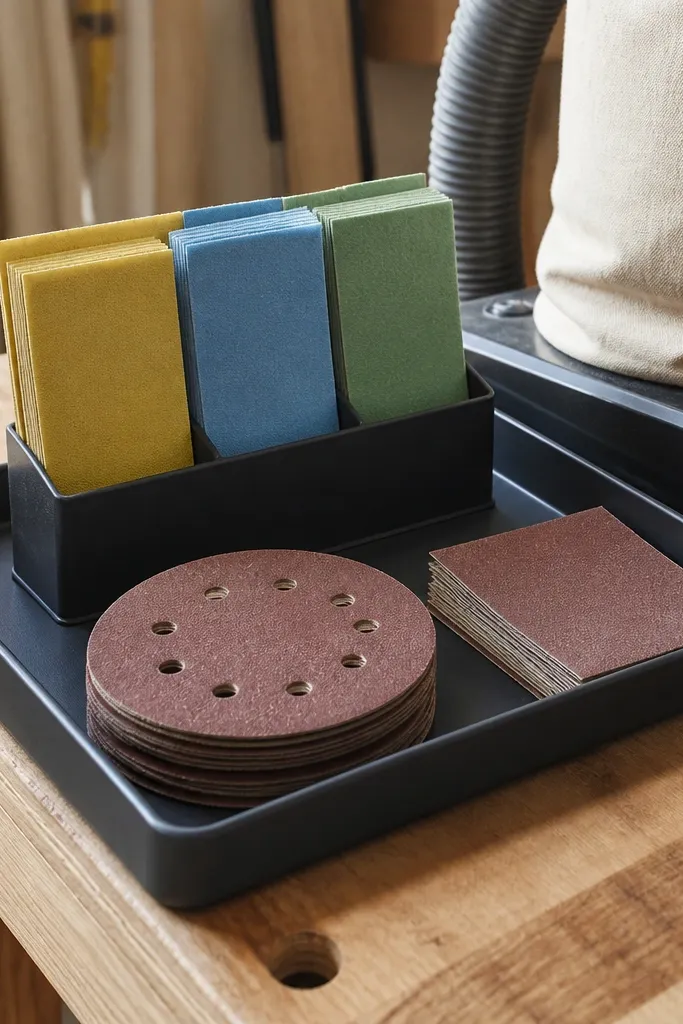Sanding tool tray with neatly stacked pads and colored grit cards