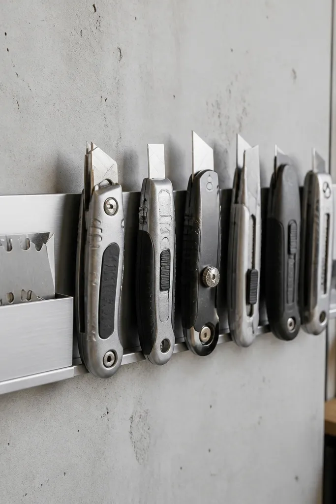 Slim magnetic holder with utility knives aligned and replacement blade storage beside