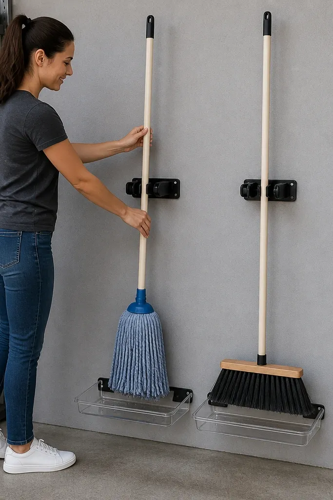 Broom and mop wall station with hanging slots and a clean drip tray
