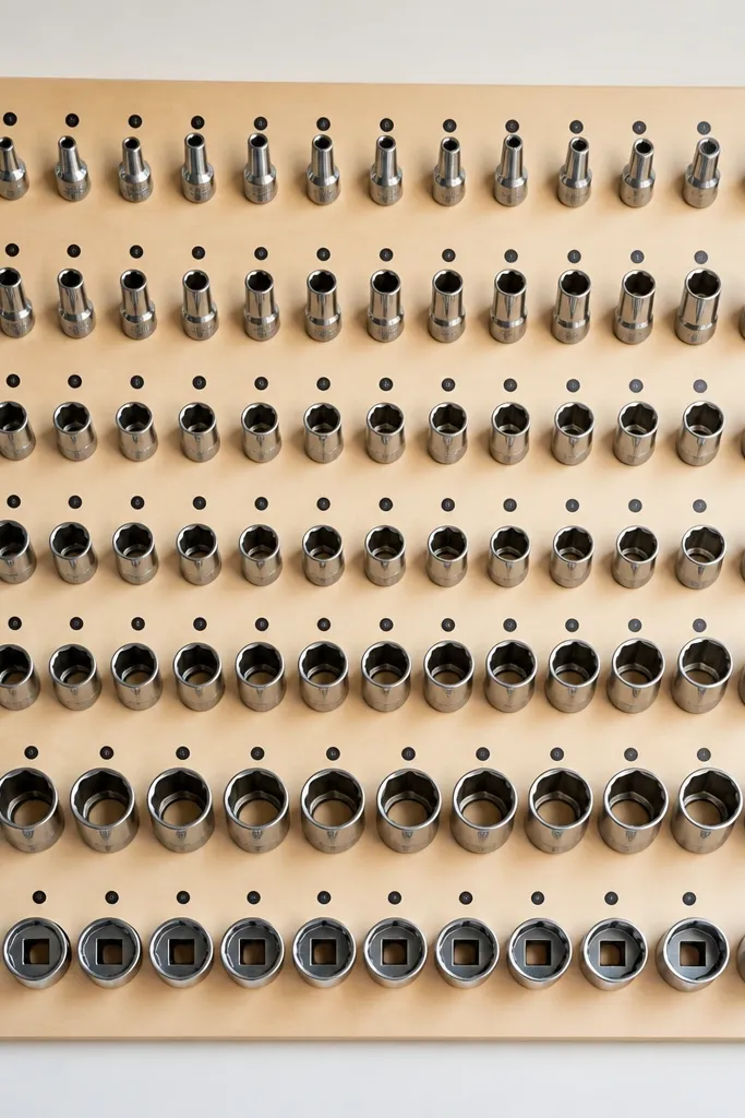 Numbered board with peg holes and sockets hanging in order