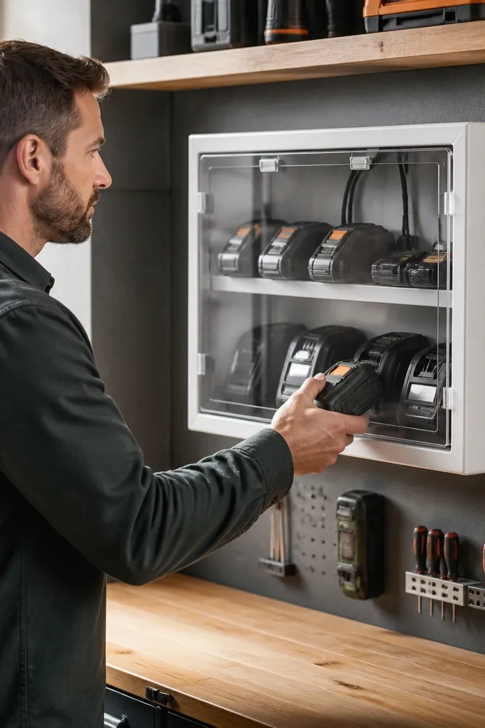 Charging station box with clear front showing batteries and cable routes