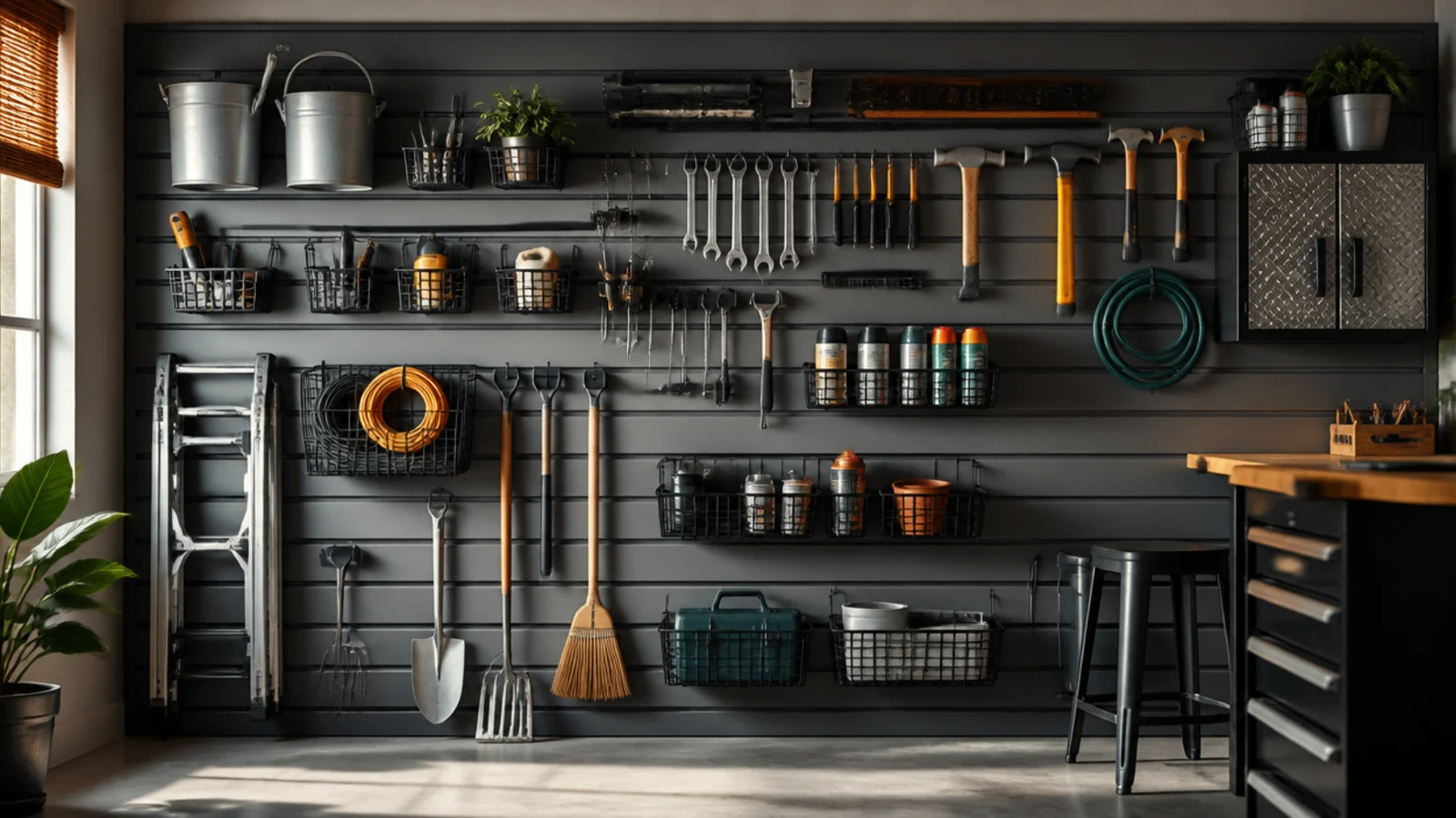 A full garage wall covered in graphite-gray slatwall with matching black hooks and baskets holding tools in clean rows.